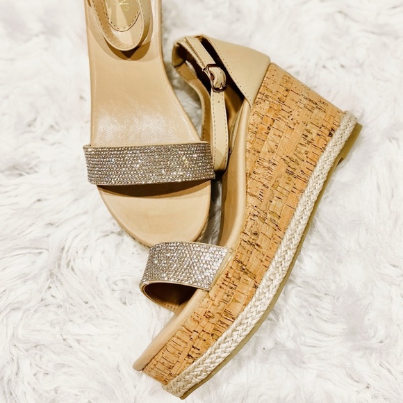 NUDE ESPADRILLE WEDGE SANDAL WITH SILVER RHINESTONE EMBELLISHED STRAP - Picture 2 of 6